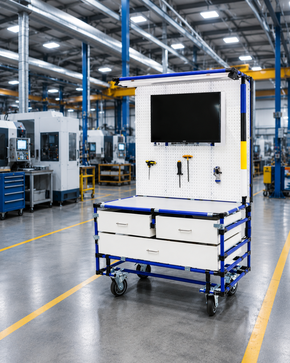 Mobile modular workstation with drawers, pegboard tool storage, monitor, and casters on a manufacturing floor