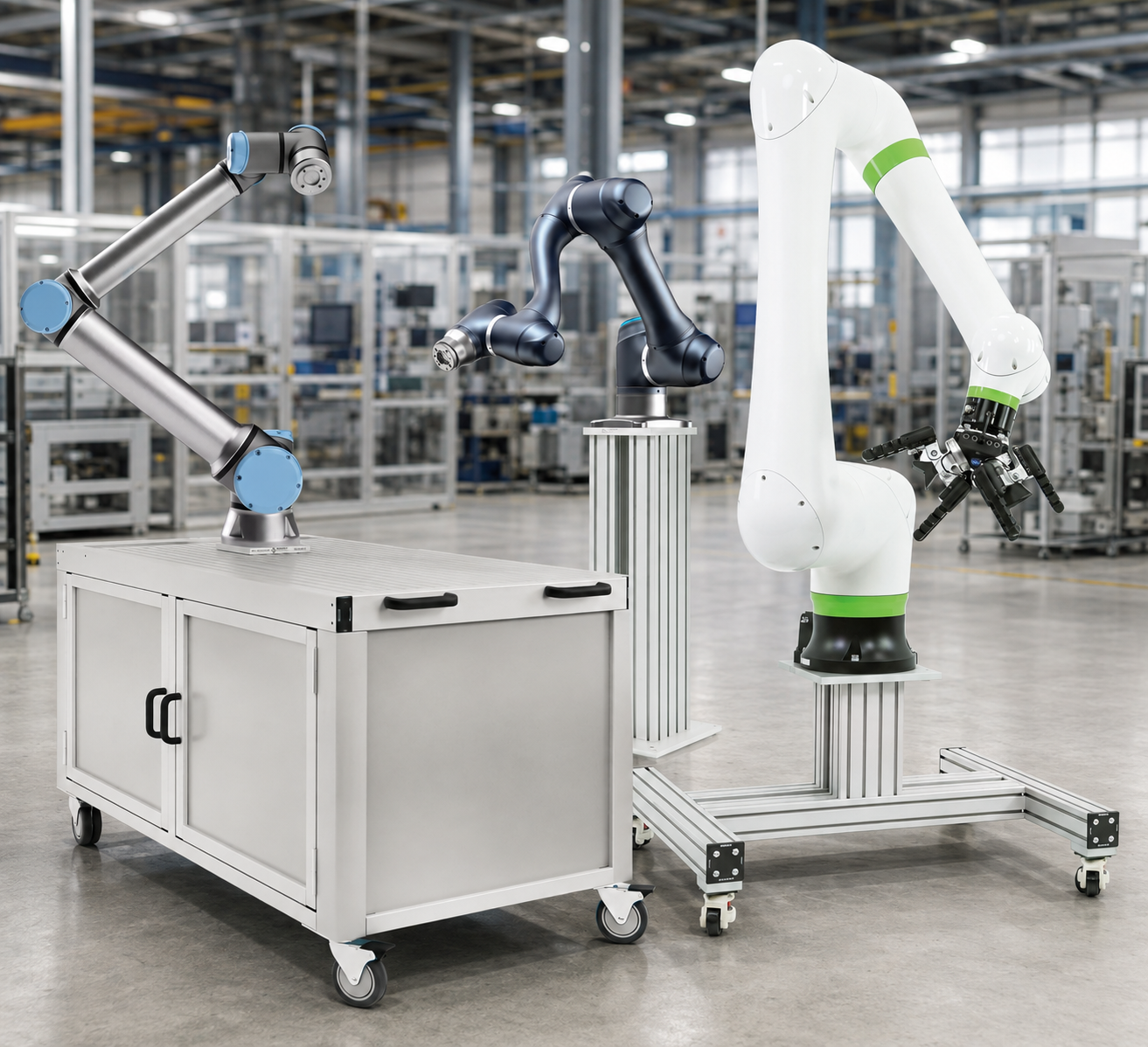 Three collaborative robots mounted on modular T-slot aluminum carts and support structures in an industrial automation facility