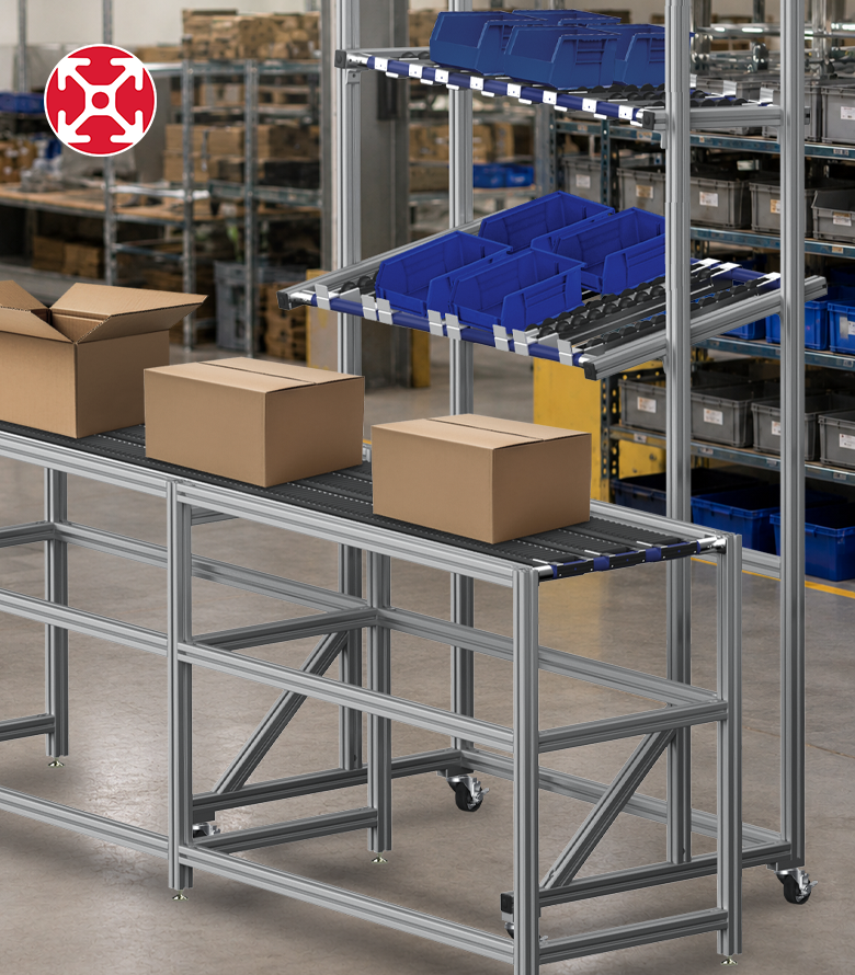 Four T-slot aluminum workstation configurations connected by arrows to illustrate modular reconfiguration