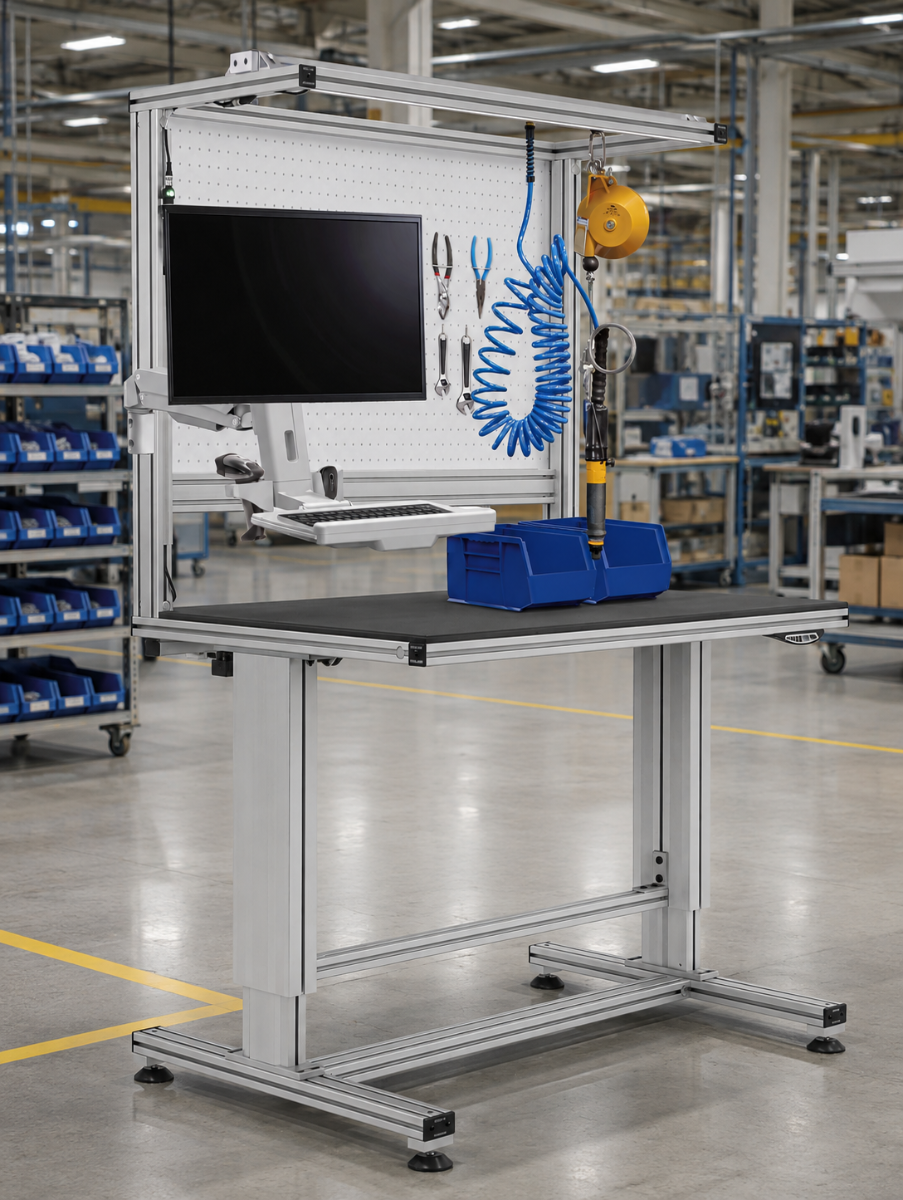 Modular T-slot aluminum workstation with monitor, pegboard tools, blue parts bins, overhead air hose, and suspended assembly tool in a manufacturing facility