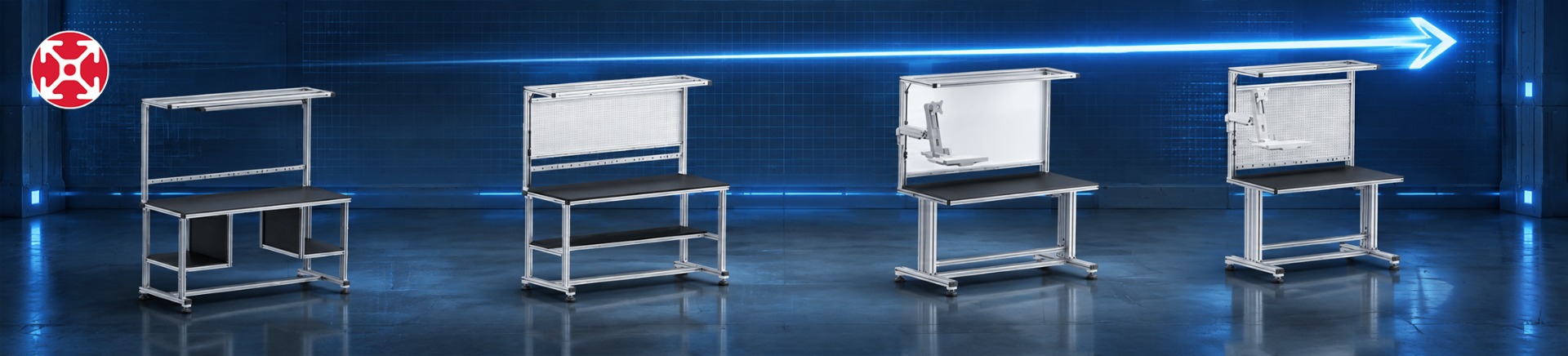 Four T-slot aluminum workstation configurations connected by arrows to illustrate modular reconfiguration