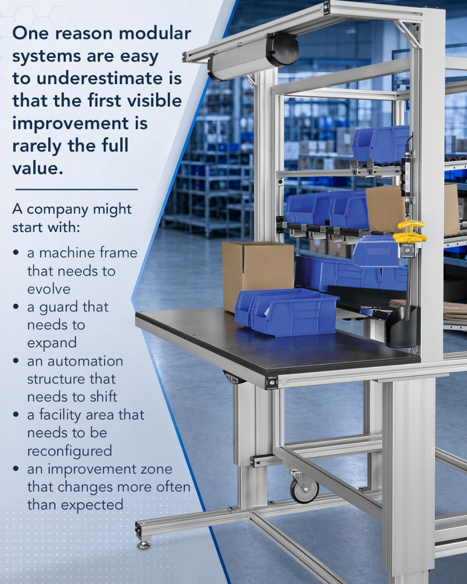 Modular aluminum workstation with parts bins and material handling features showing how manufacturing systems can evolve, expand, and be reconfigured