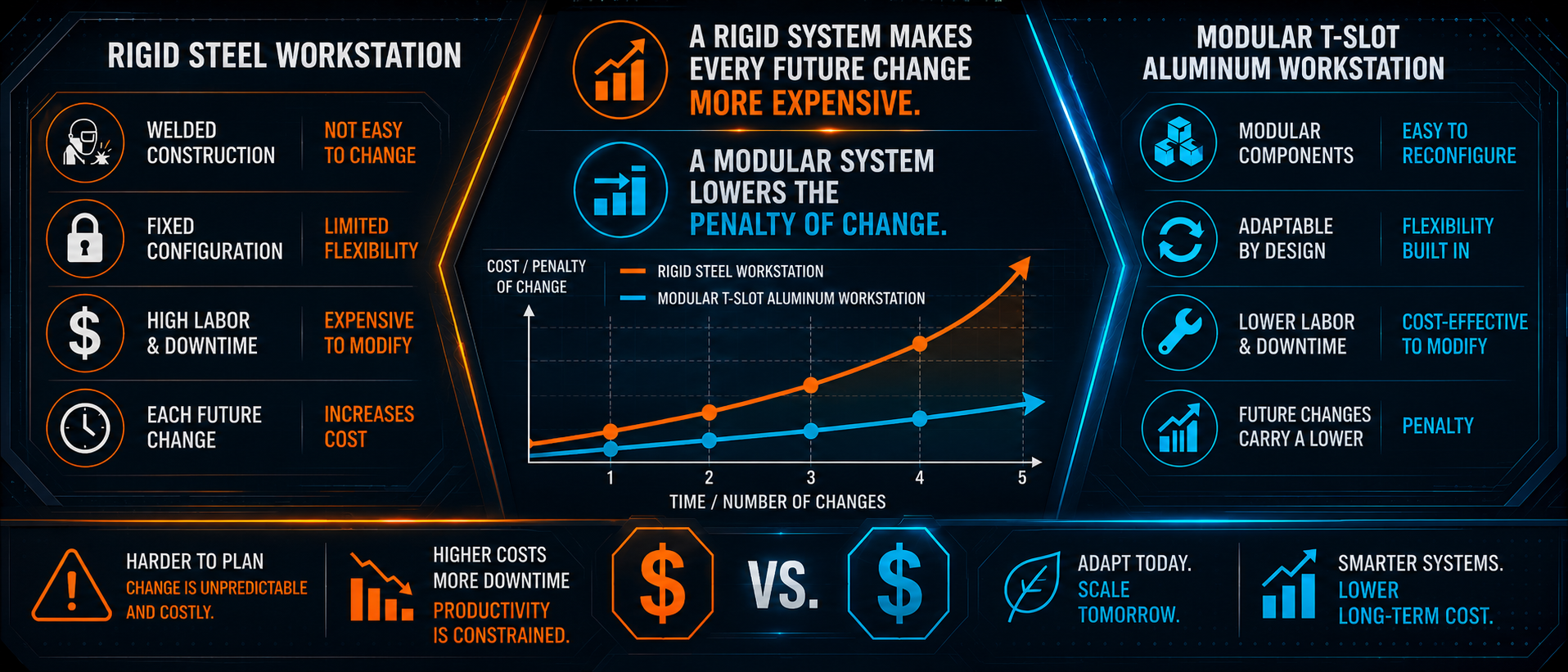 Infographic comparing rigid steel and modular T-slot aluminum workstations, showing how modular systems reduce modification costs, downtime, and the long-term penalty of change