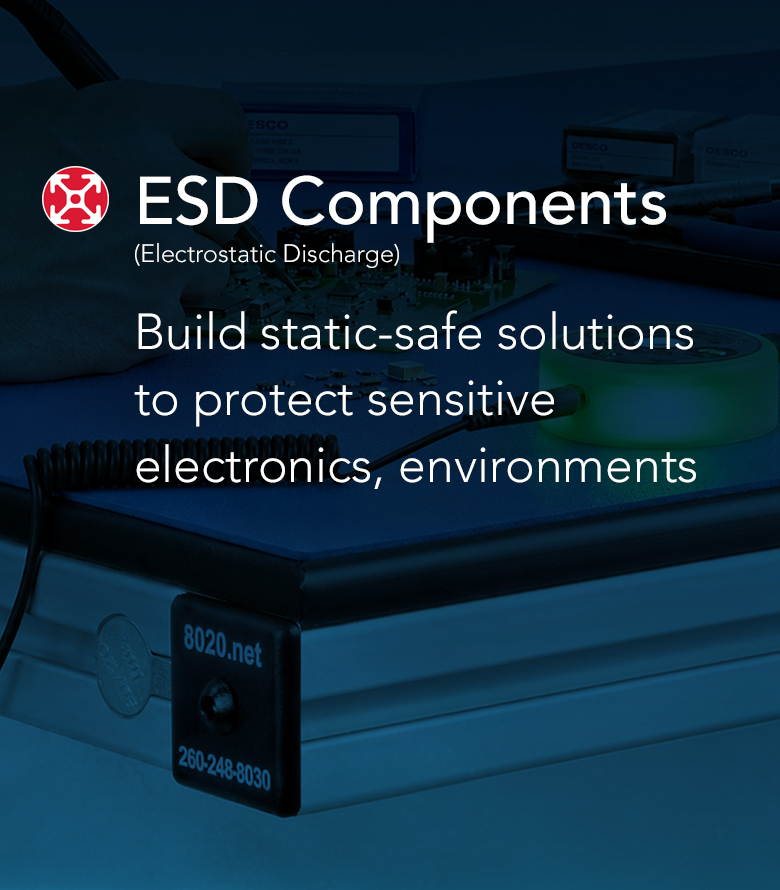 Technician using ESD-safe components, including a grounding wrist strap and ionizing blower, at an electronics workstation to protect sensitive electronic devices from electrostatic discharge (ESD).