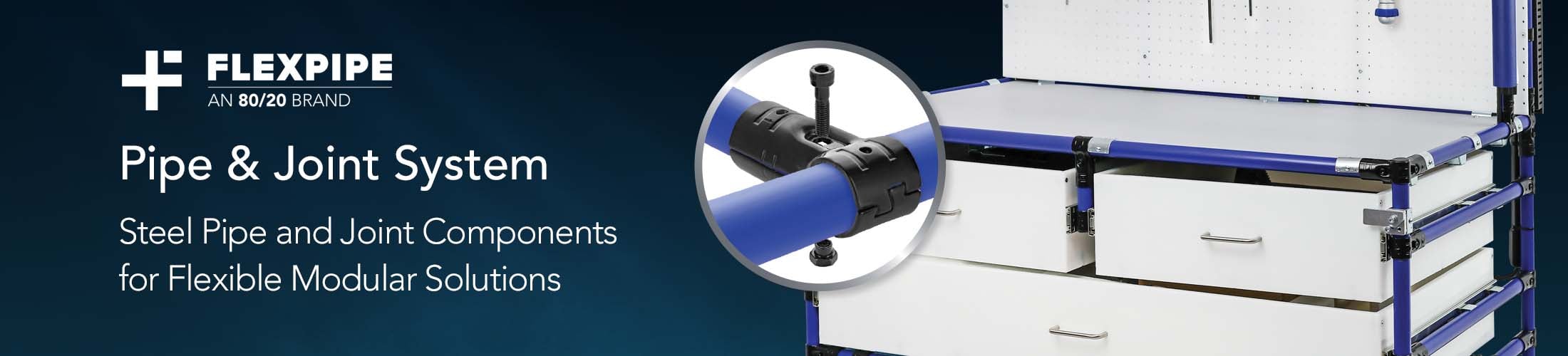 An industrial product banner showcasing a modular workstation built with the blue Flexpipe steel pipe and joint system, featuring white drawers and a pegboard.