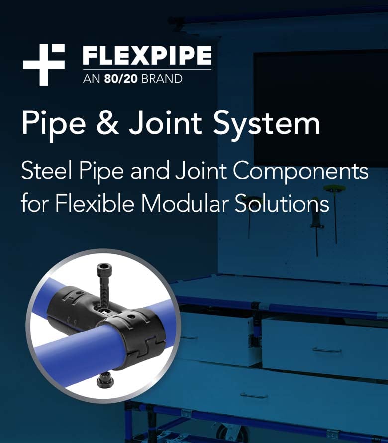 An industrial product banner showcasing a modular workstation built with the blue Flexpipe steel pipe and joint system, featuring white drawers and a pegboard.