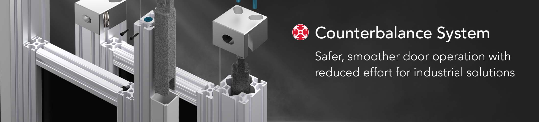 Industrial counterbalance system integrated into aluminum extrusion profiles, featuring pulleys and weights for effortless vertical door movement.