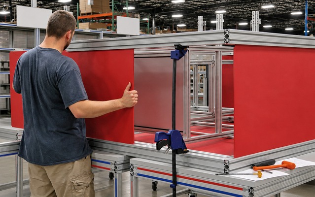 Custom T-Slot Aluminum Panel Installation During Assembly | 80/20 Builds Technician installing red composite panels onto a custom 80/20 T-slot aluminum structure during assembly, showcasing precision fabrication and quality-controlled industrial build services.