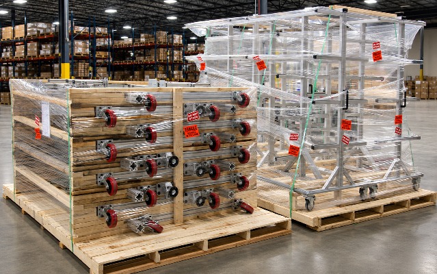 Secure Skidded Shipping for Custom T-Slot Aluminum Structures | 80/20 Builds Custom 80/20 T-slot aluminum structures securely skidded, wrapped, and palletized for safe freight shipping, protecting industrial assemblies from damage during transit.