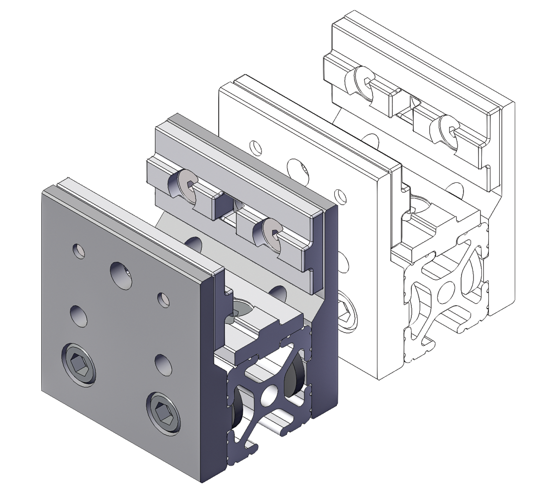 3D rendering of an 80/20 aluminum T-slot end fastener assembly showing modular profile connection hardware and mounting plate.