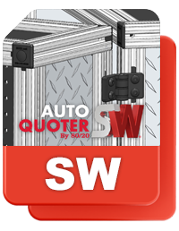 The AutoQuoter by 80/20 logo for SOLIDWORKS, featuring a realistic 3D assembly of T-slot aluminum profiles with a hinge and diamond plate panel.