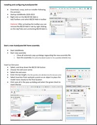 Instructional guide for AutoQuoterSW featuring steps for installing the SolidWorks add-in, starting a new frame assembly, and inserting T-slot aluminum extrusions.