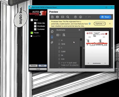 AutoQuoterSW Bill of Materials Wizard in SolidWorks showing a preview of a professional 80/20 quote with line items for T-slot aluminum and tube cut to length.