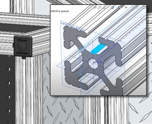 A 3D Solidworks rendering of an 80/20 T-slot aluminum profile overlaying an assembly, showing technical callouts for end planes and a center hole for machining.