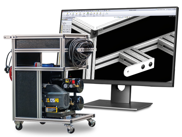 A 80/20 T-slot aluminum mobile cart holding an air compressor and hose, positioned next to a monitor displaying the AutoQuoterSW SolidWorks CAD interface.