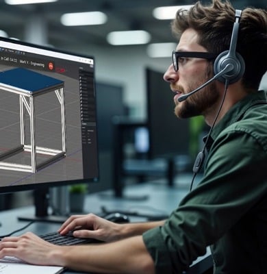 A man wearing a headset sits at a desk, looking at a computer monitor displaying a 3D T-slot aluminum frame design in the IdeaBuilder software interface.
