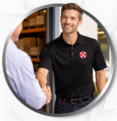 Local technical support sales representative shaking hands with a customer in an industrial warehouse setting