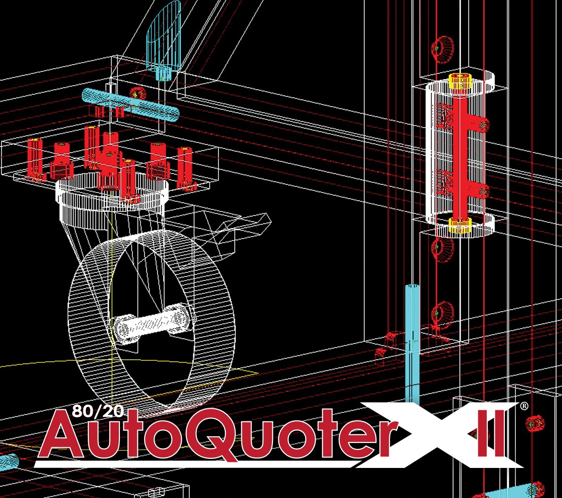 YouTube tutorial thumbnail for 80/20 AutoQuoterX II software, showing a laptop screen displaying the interface and a bill of materials for an aluminum frame assembly.