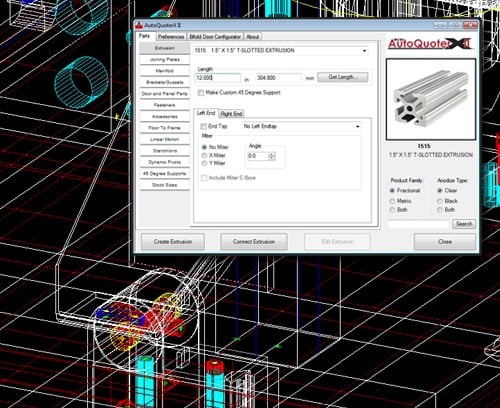 The AutoQuoter X II software interface overlaying a CAD wireframe, showing configuration options for a 1515 series 1.5 by 1.5 inch T-slotted extrusion.