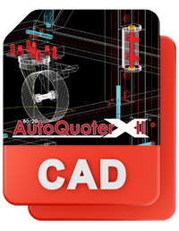 The 80/20 AutoQuoterX II logo featuring a CAD wireframe of a T-slot aluminum assembly and a prominent red CAD label.