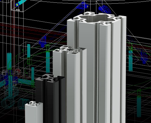 A 3D CAD rendering comparing different sizes and finishes of 80/20 T-slot aluminum extrusions, including clear and black anodized profiles in various series.