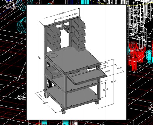 A 3D CAD drawing of a mobile 80/20 T-slot aluminum workstation featuring storage bins, a monitor mount, and casters, with technical dimensions and height markers.