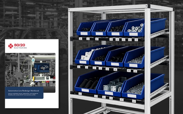 80/20 Automotive Line Redesign Workbook displayed alongside a modular T-slot aluminum kitting workstation with FIFO flow racks and parts bins, showcasing lean manufacturing, point-of-use storage, and flexible assembly line solutions.