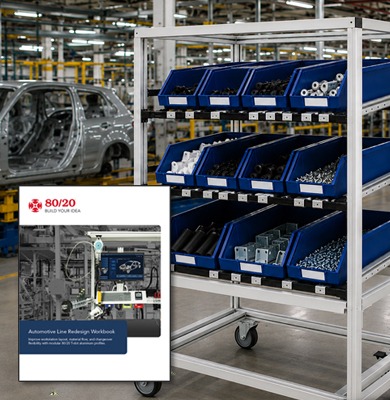 80/20 Automotive Line Redesign Workbook displayed alongside a modular T-slot aluminum kitting workstation with FIFO flow racks and parts bins, showcasing lean manufacturing, point-of-use storage, and flexible assembly line solutions.