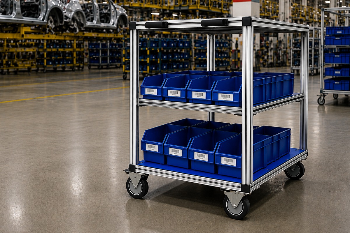Modular T-slot aluminum kitting cart with parts bins and storage shelves used for automotive material handling, lean manufacturing, and point-of-use inventory delivery on an assembly line.