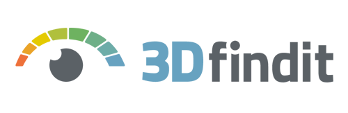 The white 3Dfindit logo featuring an eye and speedometer graphic on a light blue background, used for finding 80/20 T-slot aluminum CAD files.
