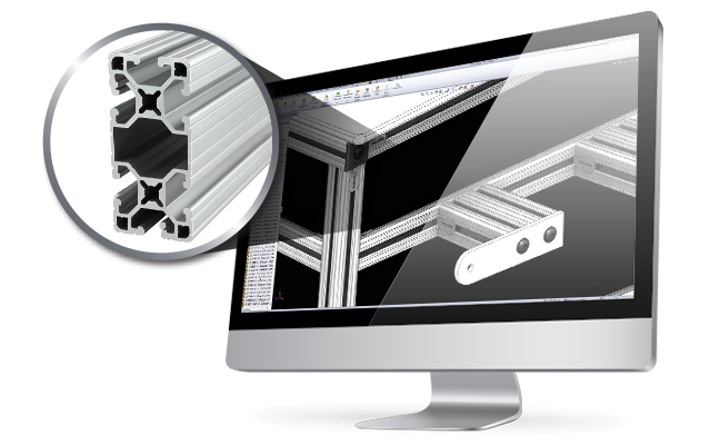 An 80/20 CAD design software tutorial, featuring a 3D isometric rendering of a modular T-slot aluminum frame assembly.