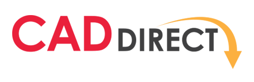 The CAD Direct logo featuring red and dark grey text with a yellow swooping arrow on a light grey background, used for accessing 80/20 T-slot aluminum CAD files.