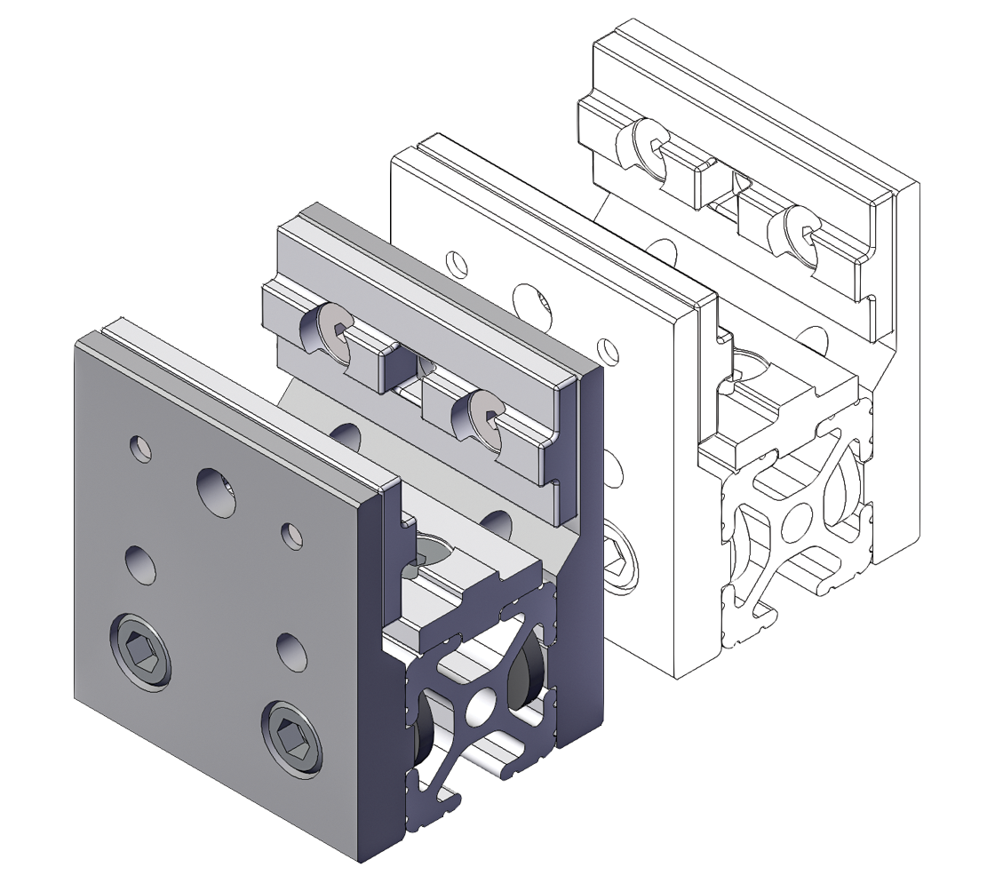 3D rendering of an 80/20 aluminum T-slot end fastener assembly showing modular profile connection hardware and mounting plate.