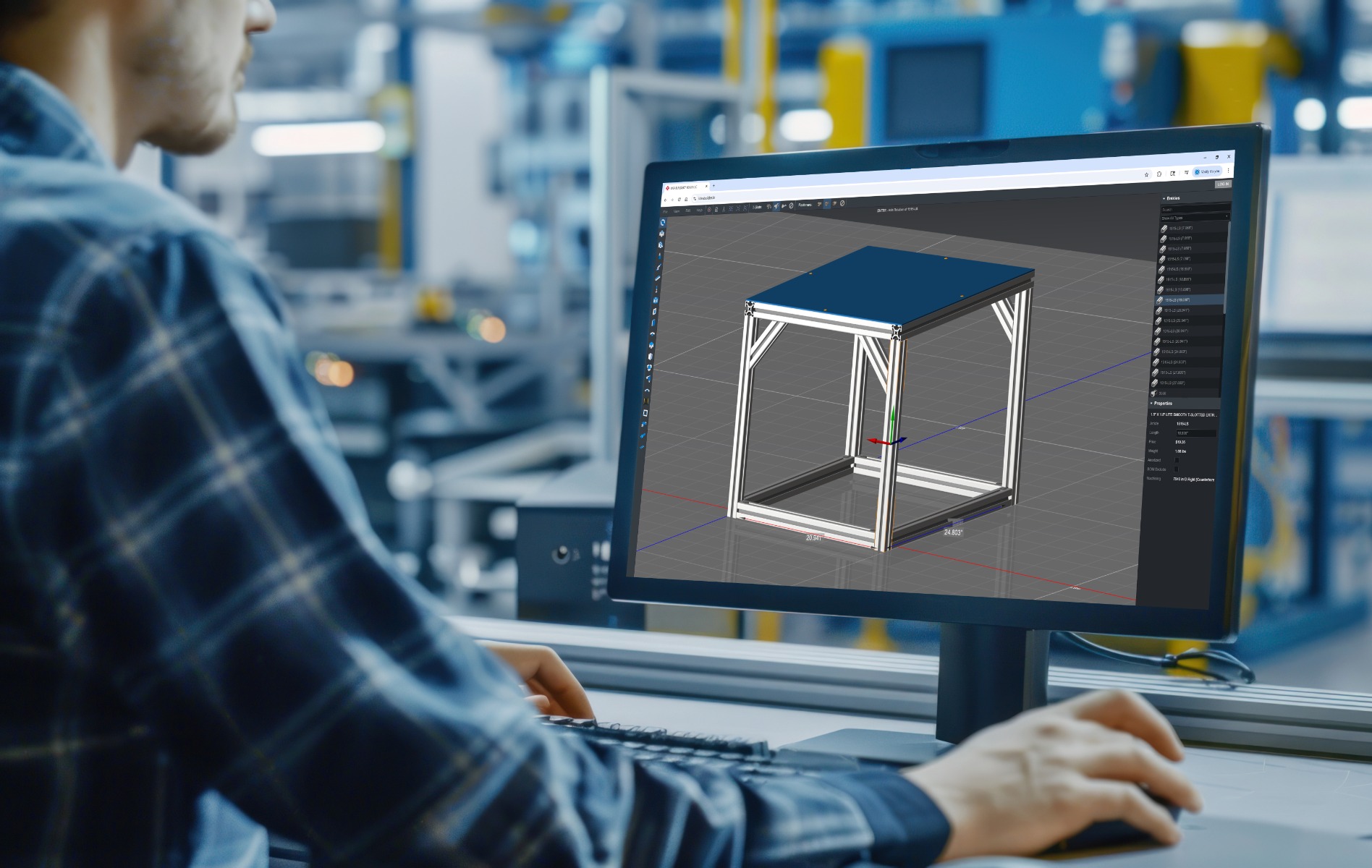 CAD software displaying a modular aluminum T‑slot framing structure used for engineering design and product development
