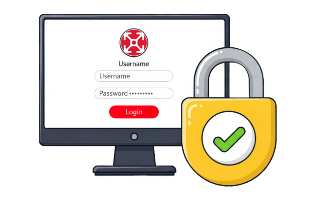An illustration of a computer monitor displaying a secure login screen with the 80/20 logo, username, and password fields. 
