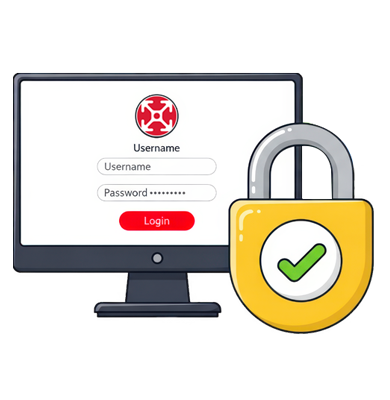 An illustration of a computer monitor displaying a secure login screen with the 80/20 logo, username, and password fields. 