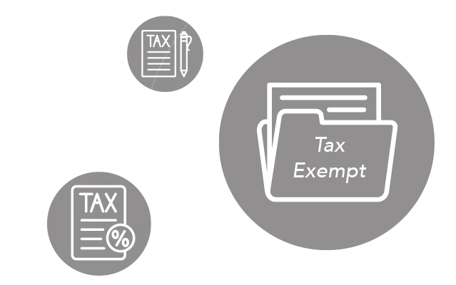 Three circular grey icons representing business documentation. The primary icon features a file folder labeled "Tax Exempt," while secondary icons show tax forms with a pen and a percentage symbol.