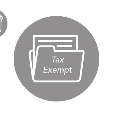 Three circular grey icons representing business documentation. The primary icon features a file folder labeled "Tax Exempt," while secondary icons show tax forms with a pen and a percentage symbol.