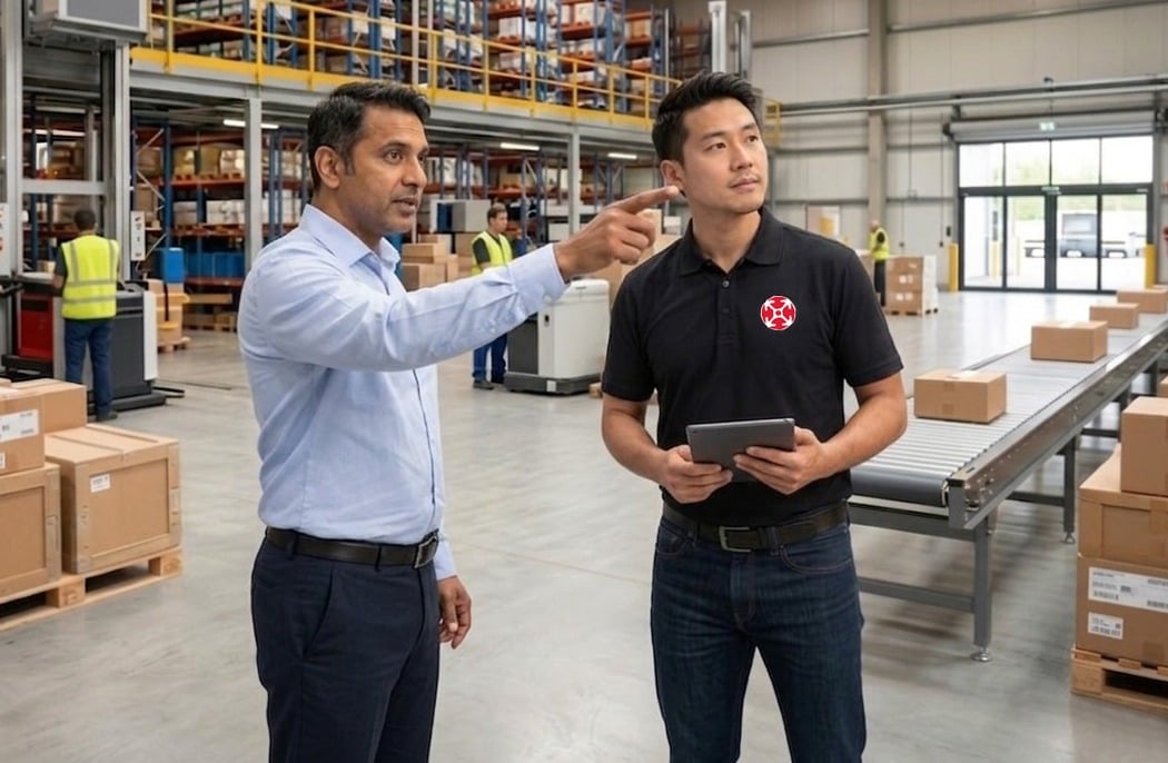 Local technical support sales representative shaking hands with a customer in an industrial warehouse setting