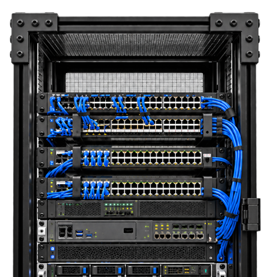 Data Center T-Slot Aluminum Framing Solutions & Field Guide | 80/20 80/20 Data Center Builder's Field Guide featuring a server rack with network switches, blue Ethernet cables, and modular T-slot aluminum framing for data center infrastructure and equipment solutions.