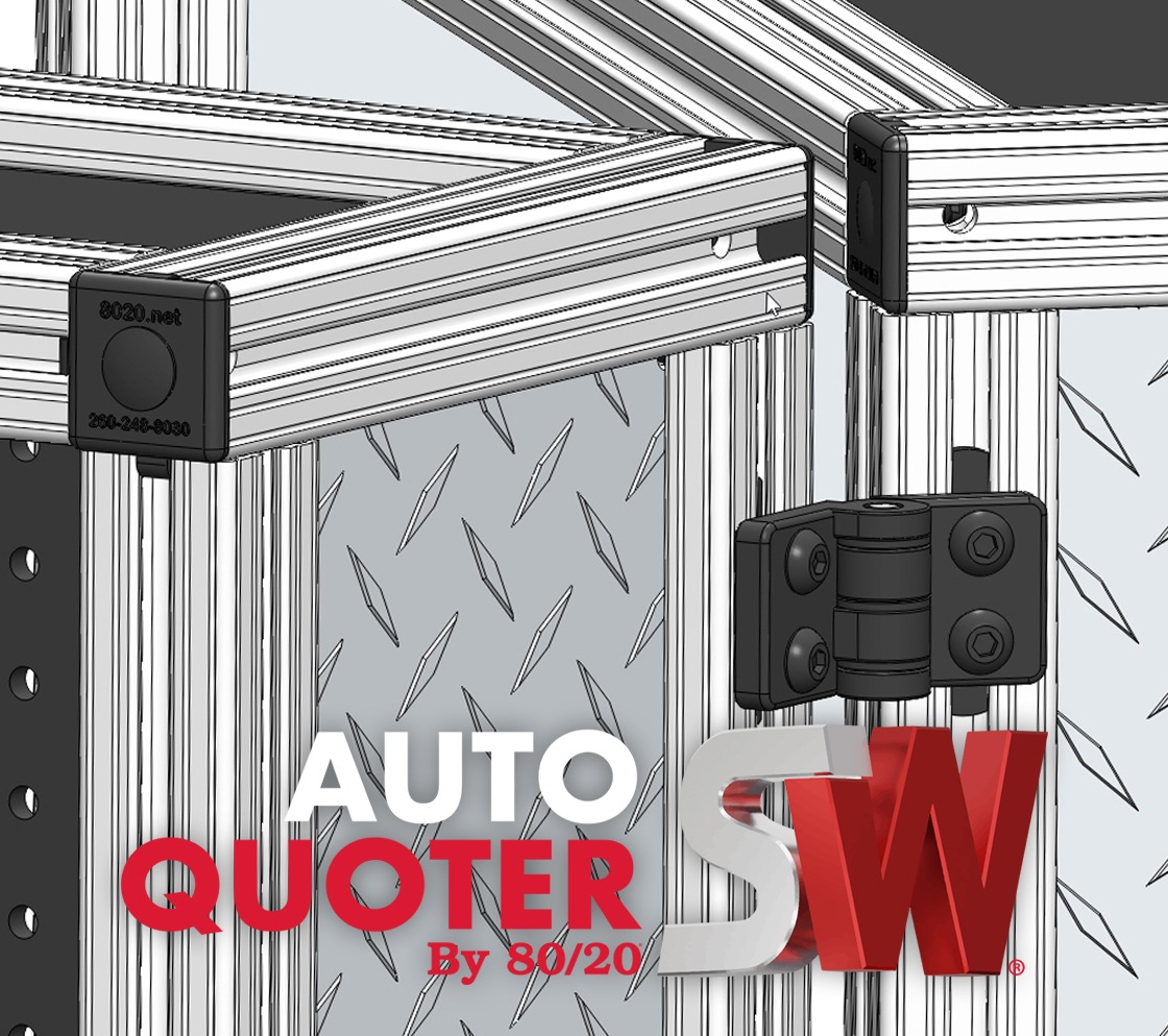 3D rendering of 80/20 T-slot aluminum profiles, hinges, and diamond plate panels featuring the Auto Quoter SW logo for automated quoting in SolidWorks.