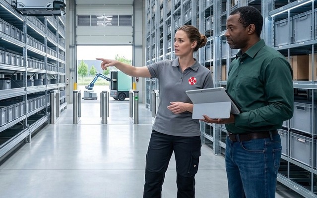 Local technical support sales representative working with a customer in an industrial warehouse setting