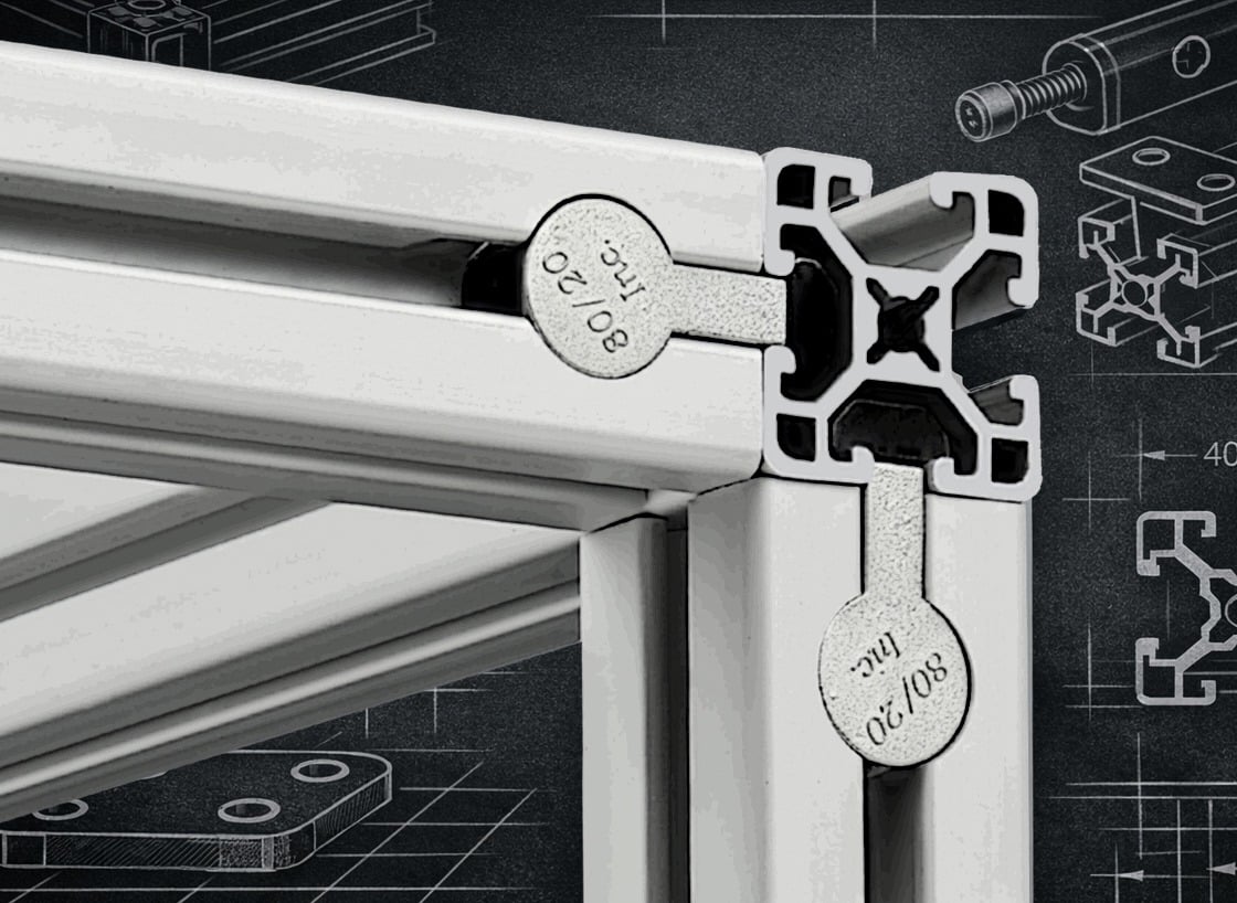 Close‑up of an 80/20 aluminum T‑slot framing corner connection showing fasteners and profile geometry for modular structural assemblies