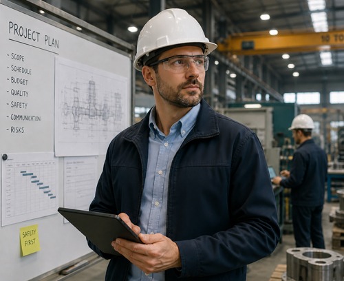 A professional manufacturing engineer in a hard hat and safety glasses holding a tablet while reviewing an industrial "Project Plan" whiteboard. The background shows a large-scale factory floor with heavy machinery and technical blueprints.