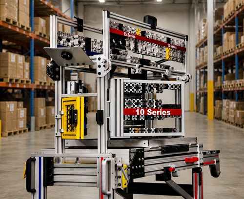 A complex industrial display unit built from 80/20 T-slot aluminum framing. The assembly features labeled sections for "10 Series" and "15 Series" aluminum extrusions, showcasing a variety of profile shapes, mechanical hinges, and custom mounting hardware