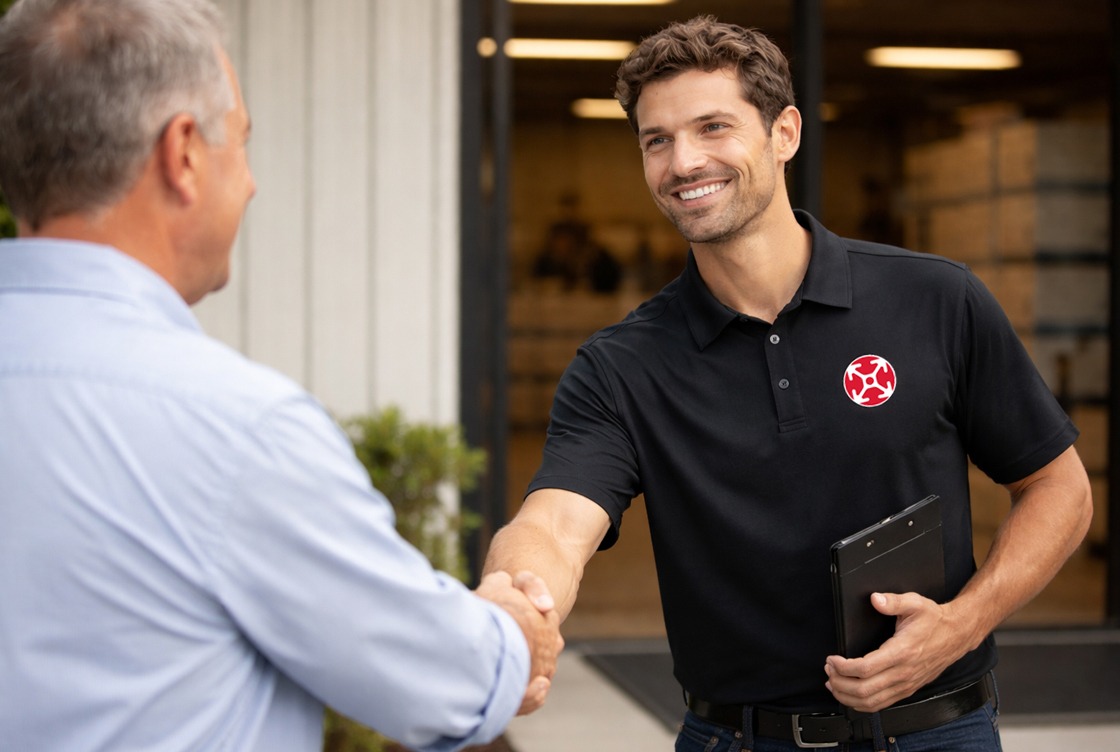Local technical support sales representative shaking hands with a customer in an industrial warehouse setting