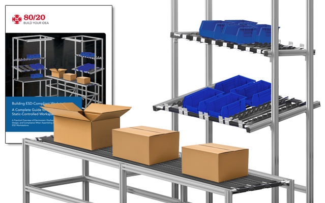 Industrial T-slot aluminum workstation assembly featuring blue storage bins, gravity flow rollers, and a conveyor belt for ESD-compliant manufacturing environments. Includes an inset of the 80/20 Static-Controlled Workspaces field guide.