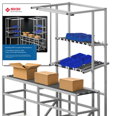 Industrial T-slot aluminum workstation assembly featuring blue storage bins, gravity flow rollers, and a conveyor belt for ESD-compliant manufacturing environments. Includes an inset of the 80/20 Static-Controlled Workspaces field guide.