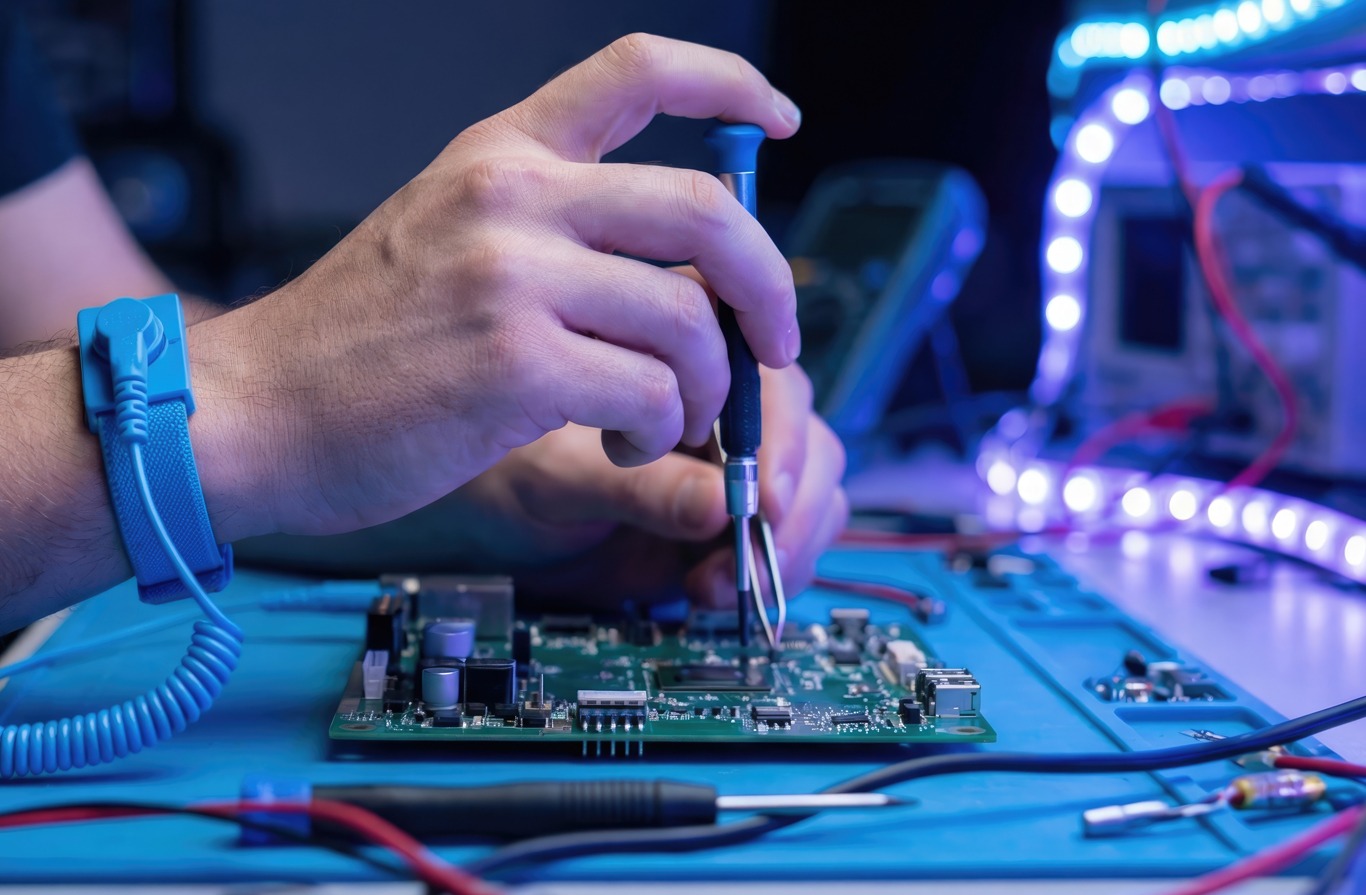 Close-up of a technician's hands repairing a circuit board on a blue anti-static grounding mat. The technician is wearing a blue ESD wrist strap connected to a coiled grounding cord. The workstation includes specialized tools and LED lighting in a modern 