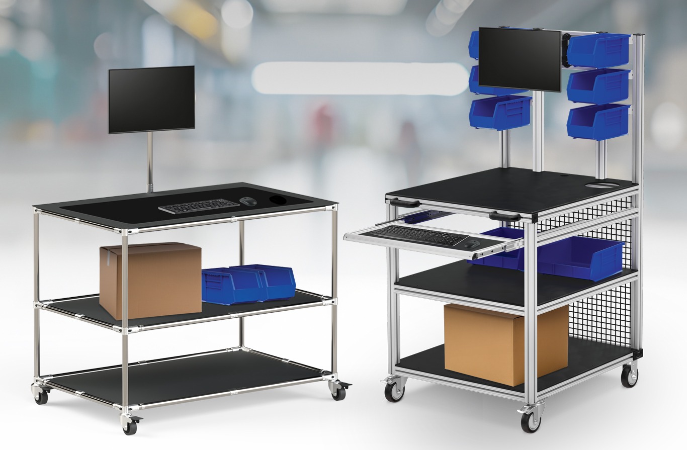 Side-by-side comparison of two mobile industrial workstations on casters. The left unit features a minimalist stainless steel tube frame with black shelving, while the right unit is a heavy-duty 80/20 T-slot aluminum assembly with integrated tool bins, a 